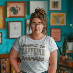 Running on Caffeine and Dry Shampoo Graphic Tee – Funny Mom Life T-Shirt